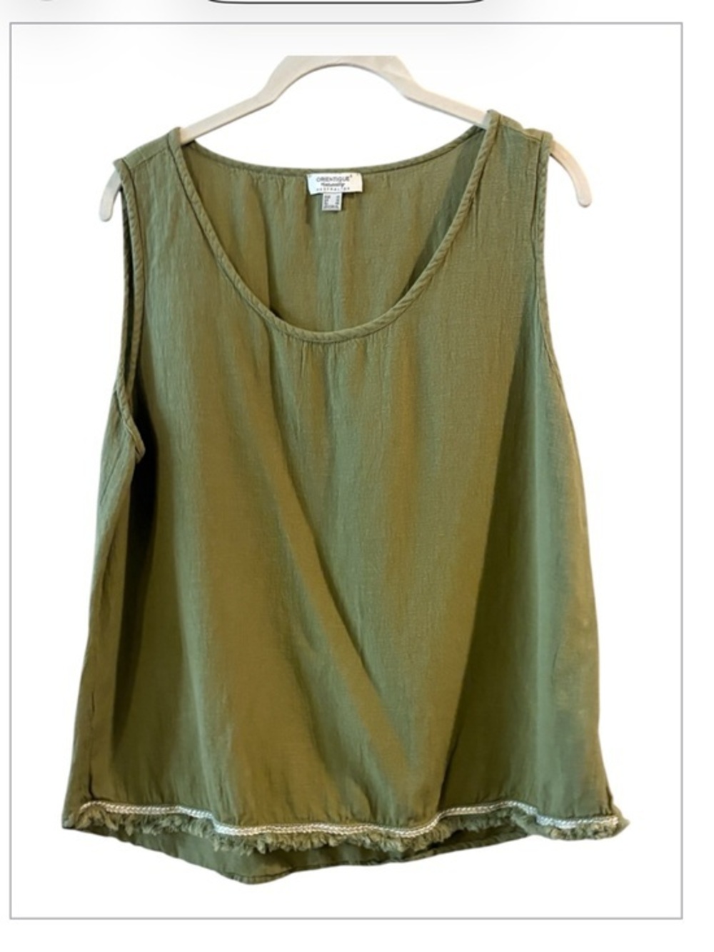 Orientique Australian Linen Blend Tank Top Olive Green Frayed Hem XL Boho